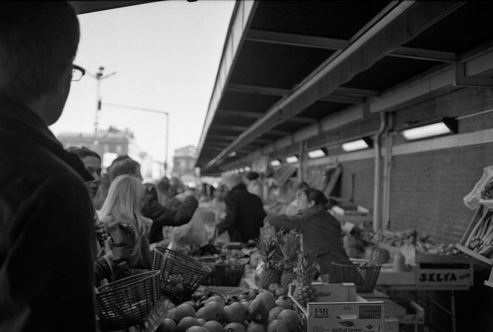 Légumes racines et agrumes bio sur un étalage de marché d'hiver